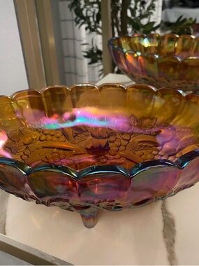 Iridescent Carnival Glass Scalloped Bowl - Amber with Rainbow Sheen